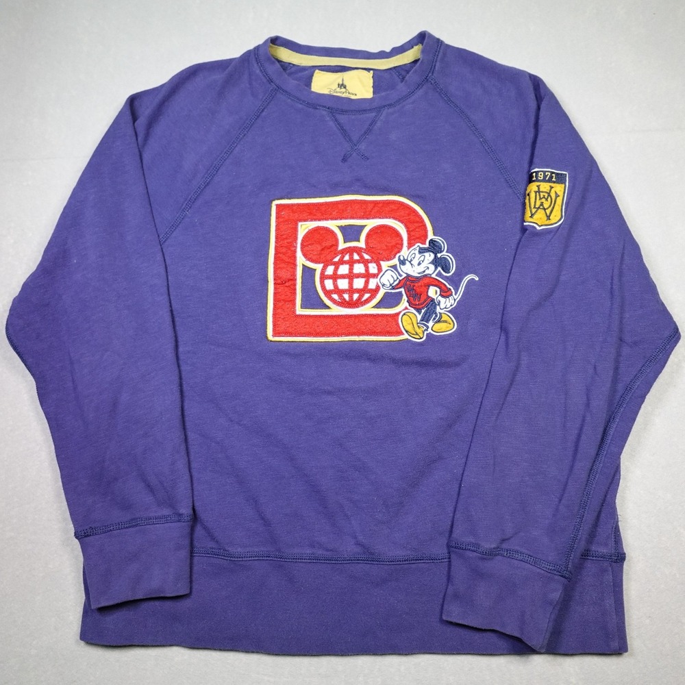 Disney Parks Sweatshirt Men Large Purple Mickey Mouse 1971 Patch Retro Varsity